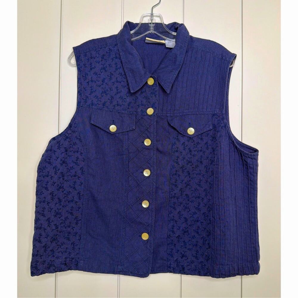 Susan Bristol Casuals Linen Cotton Vest Women’s XL Textured Button Front Blue